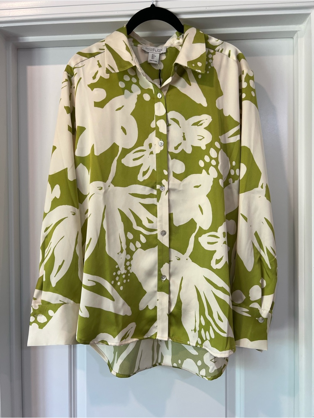 Rachel Zoe Olive Green & White Floral Silk-Feel Blouse
